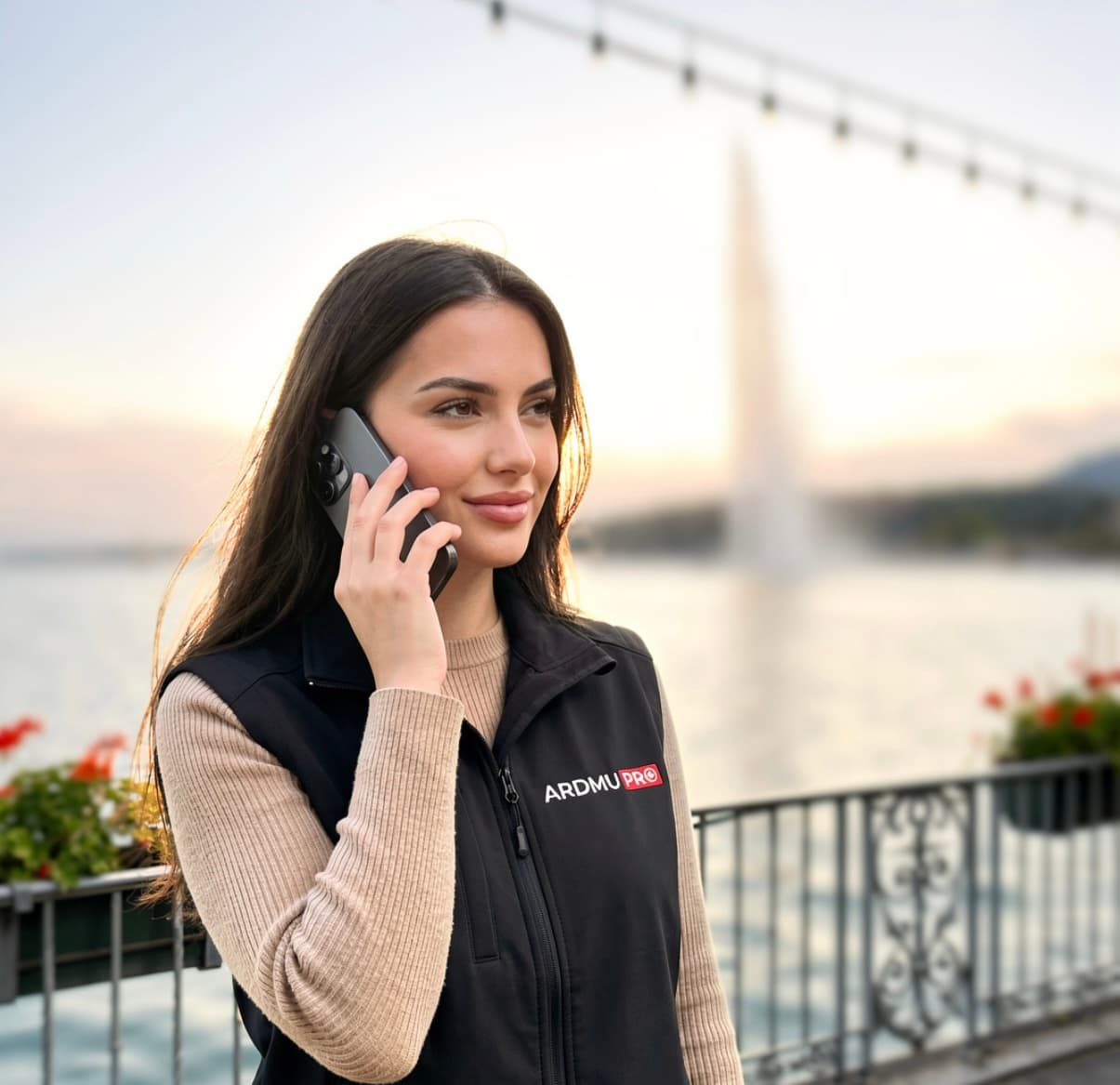 Collaboratrice ARDMU PRO au téléphone, au bord du lac Léman à Genève