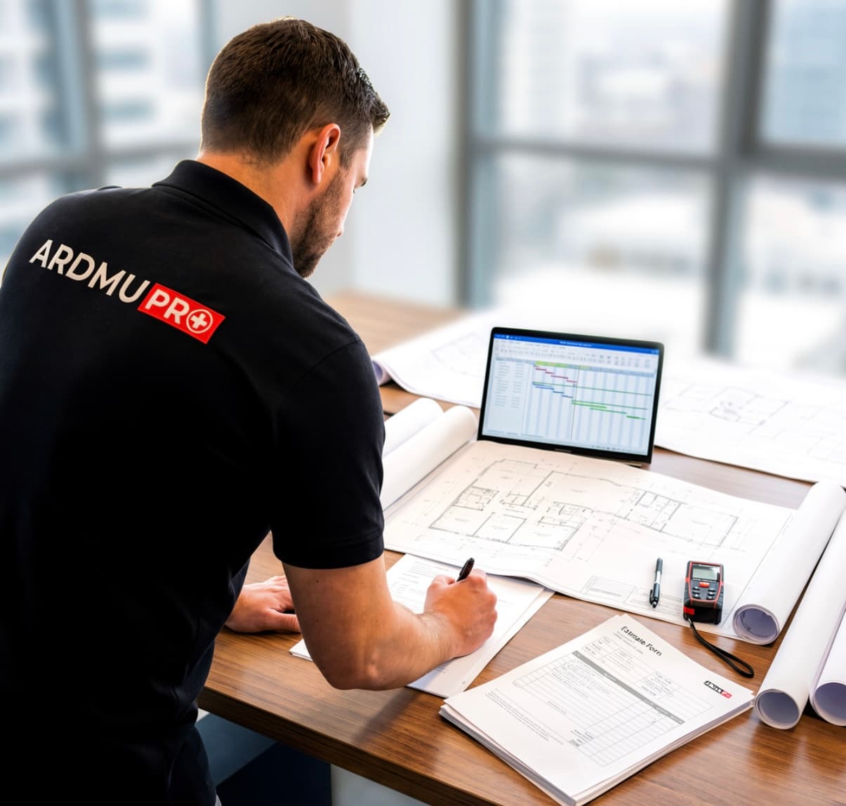Conducteur de travaux ARDMU PRO étudiant des plans et préparant un devis